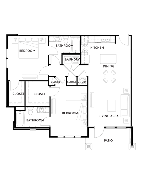Floor plan for 2 beds, 2 baths, 1162 sqft